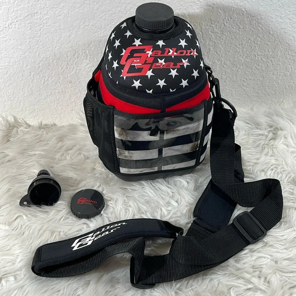 GALLON GEAR Black Large Water Bottle Reusable Water Jug Pockets & Key Holder NEW